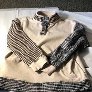 Lands' End Beige Zip Mock Neck Sweater with Patterned Sleeves